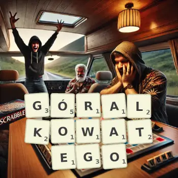 Kreatywna ilustracja do gry w Scrabble ze słowem GÓRALKOWATEGO ułożonym z płytek na planszy.