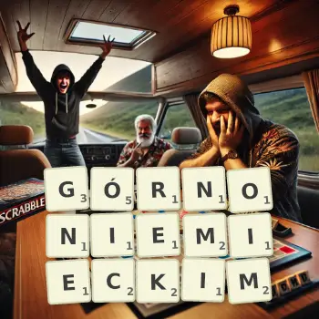 Kreatywna ilustracja do gry w Scrabble ze słowem GÓRNONIEMIECKIM ułożonym z płytek na planszy.