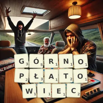 Kreatywna ilustracja do gry w Scrabble ze słowem GÓRNOPŁATOWIEC ułożonym z płytek na planszy.