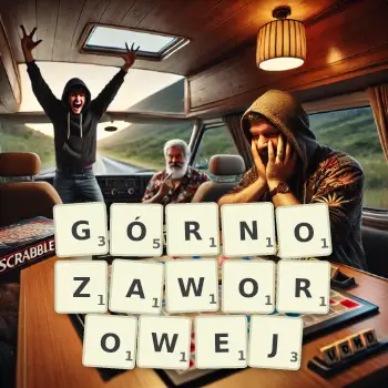 Kreatywna ilustracja do gry w Scrabble ze słowem GÓRNOZAWOROWEJ ułożonym z płytek na planszy.