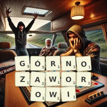 Kreatywna ilustracja do gry w Scrabble ze słowem GÓRNOZAWOROWI ułożonym z płytek na planszy.