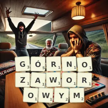 Kreatywna ilustracja do gry w Scrabble ze słowem GÓRNOZAWOROWYM ułożonym z płytek na planszy.