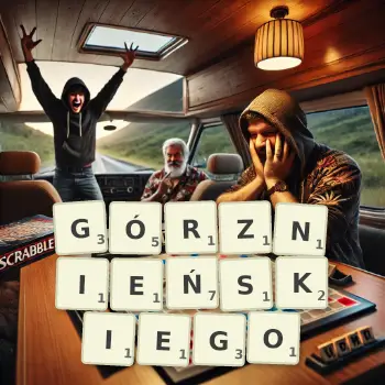 Kreatywna ilustracja do gry w Scrabble ze słowem GÓRZNIEŃSKIEGO ułożonym z płytek na planszy.