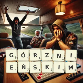 Kreatywna ilustracja do gry w Scrabble ze słowem GÓRZNIEŃSKIM ułożonym z płytek na planszy.