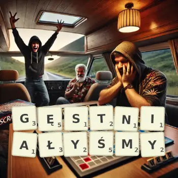 Kreatywna ilustracja do gry w Scrabble ze słowem GĘSTNIAŁYŚMY ułożonym z płytek na planszy.