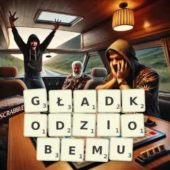 Kreatywna ilustracja do gry w Scrabble ze słowem GŁADKODZIOBEMU ułożonym z płytek na planszy.