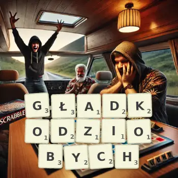 Kreatywna ilustracja do gry w Scrabble ze słowem GŁADKODZIOBYCH ułożonym z płytek na planszy.