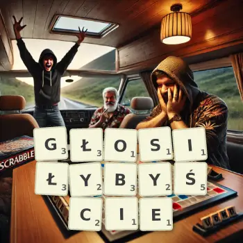 Kreatywna ilustracja do gry w Scrabble ze słowem GŁOSIŁYBYŚCIE ułożonym z płytek na planszy.