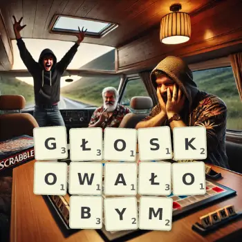 Kreatywna ilustracja do gry w Scrabble ze słowem GŁOSKOWAŁOBYM ułożonym z płytek na planszy.
