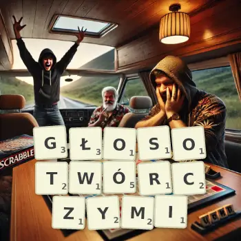 Kreatywna ilustracja do gry w Scrabble ze słowem GŁOSOTWÓRCZYMI ułożonym z płytek na planszy.