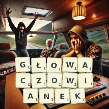 Kreatywna ilustracja do gry w Scrabble ze słowem GŁOWACZOWIANEK ułożonym z płytek na planszy.