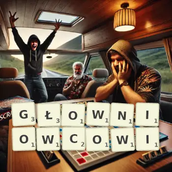 Kreatywna ilustracja do gry w Scrabble ze słowem GŁOWNIOWCOWI ułożonym z płytek na planszy.