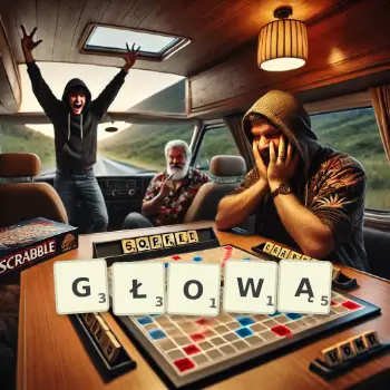 Kreatywna ilustracja do gry w Scrabble ze słowem GŁOWĄ ułożonym z płytek na planszy.