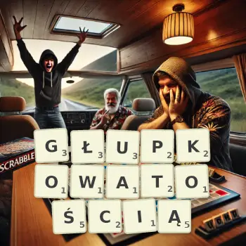 Kreatywna ilustracja do gry w Scrabble ze słowem GŁUPKOWATOŚCIĄ ułożonym z płytek na planszy.