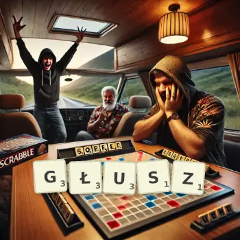 Kreatywna ilustracja do gry w Scrabble ze słowem GŁUSZ ułożonym z płytek na planszy.