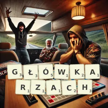Kreatywna ilustracja do gry w Scrabble ze słowem GŁÓWKARZACH ułożonym z płytek na planszy.