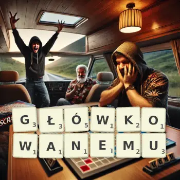 Kreatywna ilustracja do gry w Scrabble ze słowem GŁÓWKOWANEMU ułożonym z płytek na planszy.