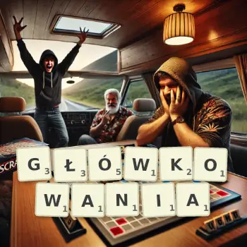Kreatywna ilustracja do gry w Scrabble ze słowem GŁÓWKOWANIA ułożonym z płytek na planszy.