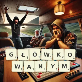 Kreatywna ilustracja do gry w Scrabble ze słowem GŁÓWKOWANYM ułożonym z płytek na planszy.
