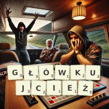 Kreatywna ilustracja do gry w Scrabble ze słowem GŁÓWKUJCIEŻ ułożonym z płytek na planszy.
