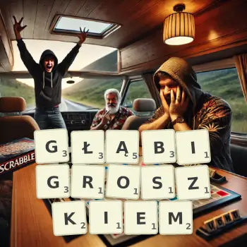 Kreatywna ilustracja do gry w Scrabble ze słowem GŁĄBIGROSZKIEM ułożonym z płytek na planszy.