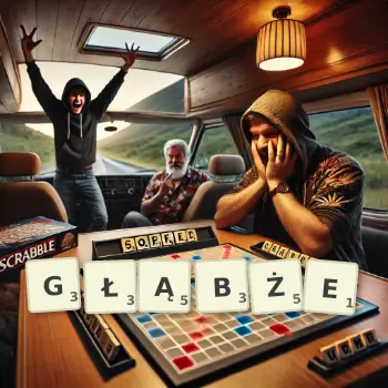 Kreatywna ilustracja do gry w Scrabble ze słowem GŁĄBŻE ułożonym z płytek na planszy.