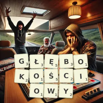 Kreatywna ilustracja do gry w Scrabble ze słowem GŁĘBOKOŚCIOWY ułożonym z płytek na planszy.
