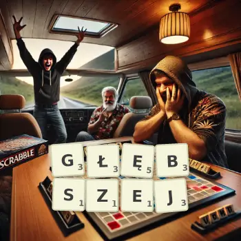 Kreatywna ilustracja do gry w Scrabble ze słowem GŁĘBSZEJ ułożonym z płytek na planszy.