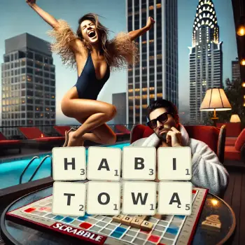 Kreatywna ilustracja do gry w Scrabble ze słowem HABITOWĄ ułożonym z płytek na planszy.