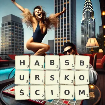 Kreatywna ilustracja do gry w Scrabble ze słowem HABSBURSKOŚCIOM ułożonym z płytek na planszy.