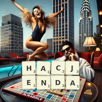 Kreatywna ilustracja do gry w Scrabble ze słowem HACJENDA ułożonym z płytek na planszy.