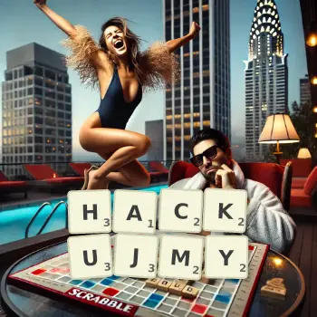 Kreatywna ilustracja do gry w Scrabble ze słowem HACKUJMY ułożonym z płytek na planszy.