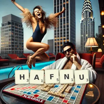 Kreatywna ilustracja do gry w Scrabble ze słowem HAFNU ułożonym z płytek na planszy.