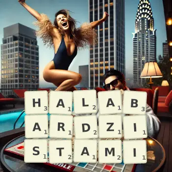 Kreatywna ilustracja do gry w Scrabble ze słowem HALABARDZISTAMI ułożonym z płytek na planszy.