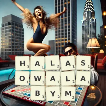 Kreatywna ilustracja do gry w Scrabble ze słowem HALASOWALABYM ułożonym z płytek na planszy.