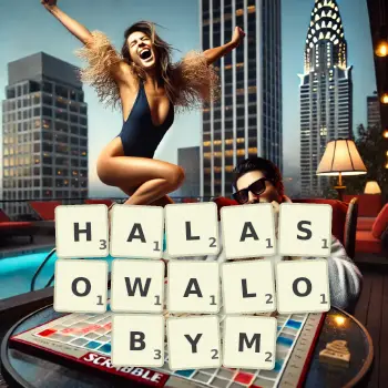 Kreatywna ilustracja do gry w Scrabble ze słowem HALASOWALOBYM ułożonym z płytek na planszy.