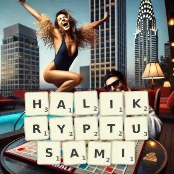 Kreatywna ilustracja do gry w Scrabble ze słowem HALIKRYPTUSAMI ułożonym z płytek na planszy.