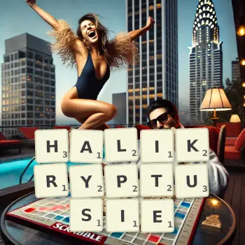 Kreatywna ilustracja do gry w Scrabble ze słowem HALIKRYPTUSIE ułożonym z płytek na planszy.