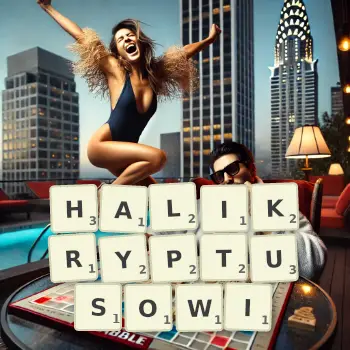 Kreatywna ilustracja do gry w Scrabble ze słowem HALIKRYPTUSOWI ułożonym z płytek na planszy.