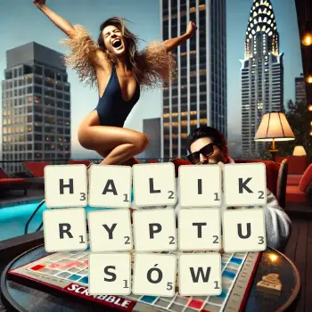 Kreatywna ilustracja do gry w Scrabble ze słowem HALIKRYPTUSÓW ułożonym z płytek na planszy.