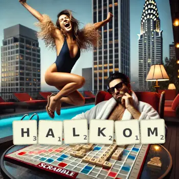 Kreatywna ilustracja do gry w Scrabble ze słowem HALKOM ułożonym z płytek na planszy.