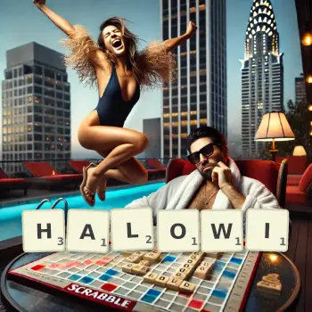 Kreatywna ilustracja do gry w Scrabble ze słowem HALOWI ułożonym z płytek na planszy.