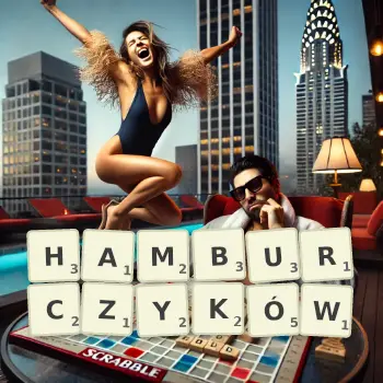 Kreatywna ilustracja do gry w Scrabble ze słowem HAMBURCZYKÓW ułożonym z płytek na planszy.