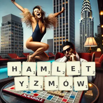 Kreatywna ilustracja do gry w Scrabble ze słowem HAMLETYZMÓW ułożonym z płytek na planszy.