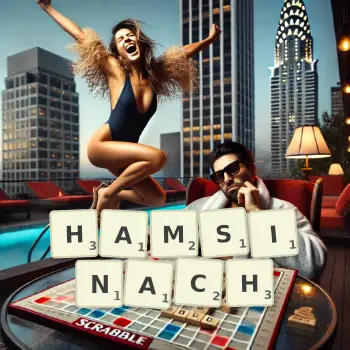 Kreatywna ilustracja do gry w Scrabble ze słowem HAMSINACH ułożonym z płytek na planszy.