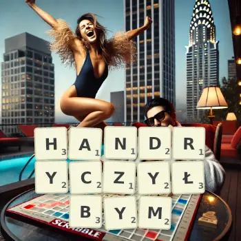 Kreatywna ilustracja do gry w Scrabble ze słowem HANDRYCZYŁBYM ułożonym z płytek na planszy.