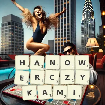 Kreatywna ilustracja do gry w Scrabble ze słowem HANOWERCZYKAMI ułożonym z płytek na planszy.