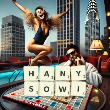 Kreatywna ilustracja do gry w Scrabble ze słowem HANYSOWI ułożonym z płytek na planszy.