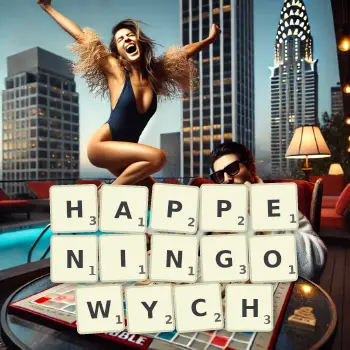 Kreatywna ilustracja do gry w Scrabble ze słowem HAPPENINGOWYCH ułożonym z płytek na planszy.