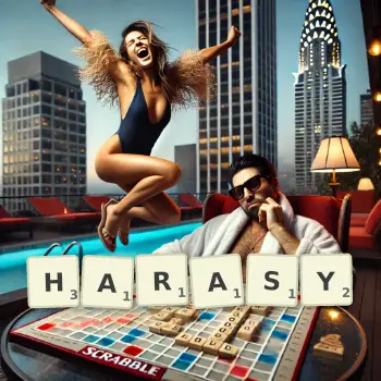 Kreatywna ilustracja do gry w Scrabble ze słowem HARASY ułożonym z płytek na planszy.